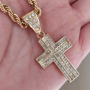 ✝️ 18K Gold Plated Cross Pendant & 30" Rope Chain Necklace 🙏-#14